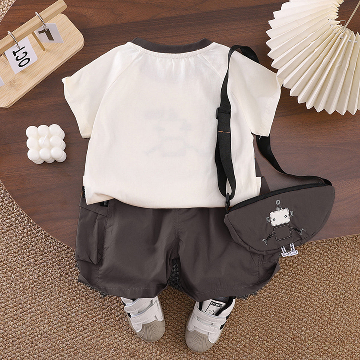 Boys Graphic Printed T-Shirt With Dark Grey Sling Bag And Cargo Shorts Set Sets