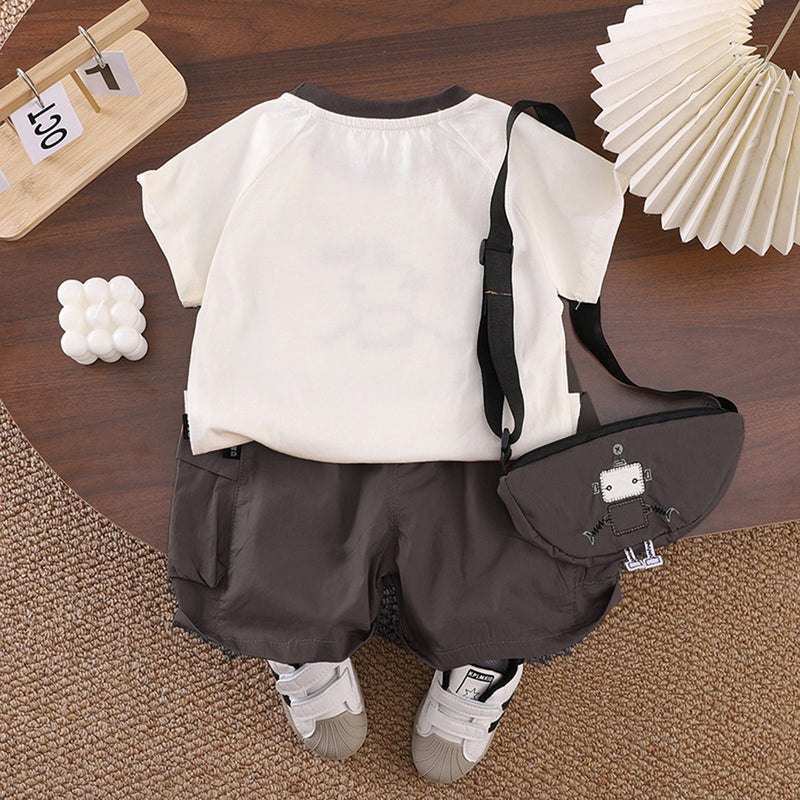 Boys Graphic Printed T-Shirt With Dark Grey Sling Bag And Cargo Shorts Set Sets