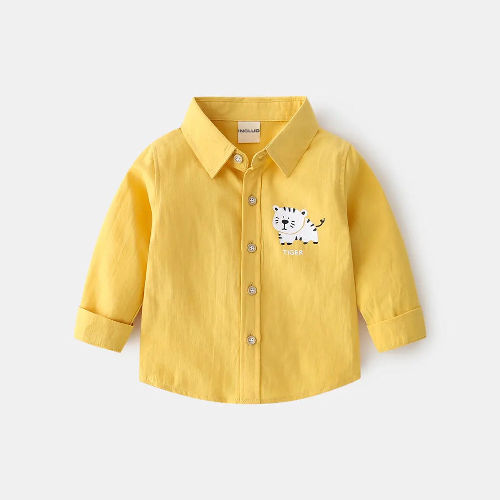 Boys Yellow Tiger Cartoon Printed Long Sleeves Shirts Shirts