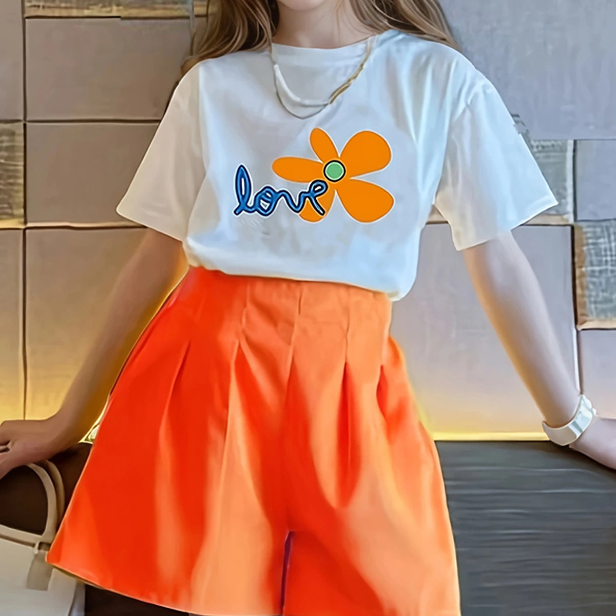 Girls Orange Floral Graphic Shorts Sets With Handbag Sets