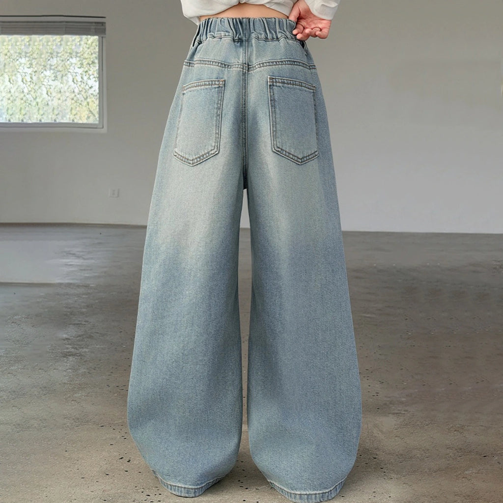 Girls Light Blue Kitty Embroidered Baggy Fit Denim Jeans Pants