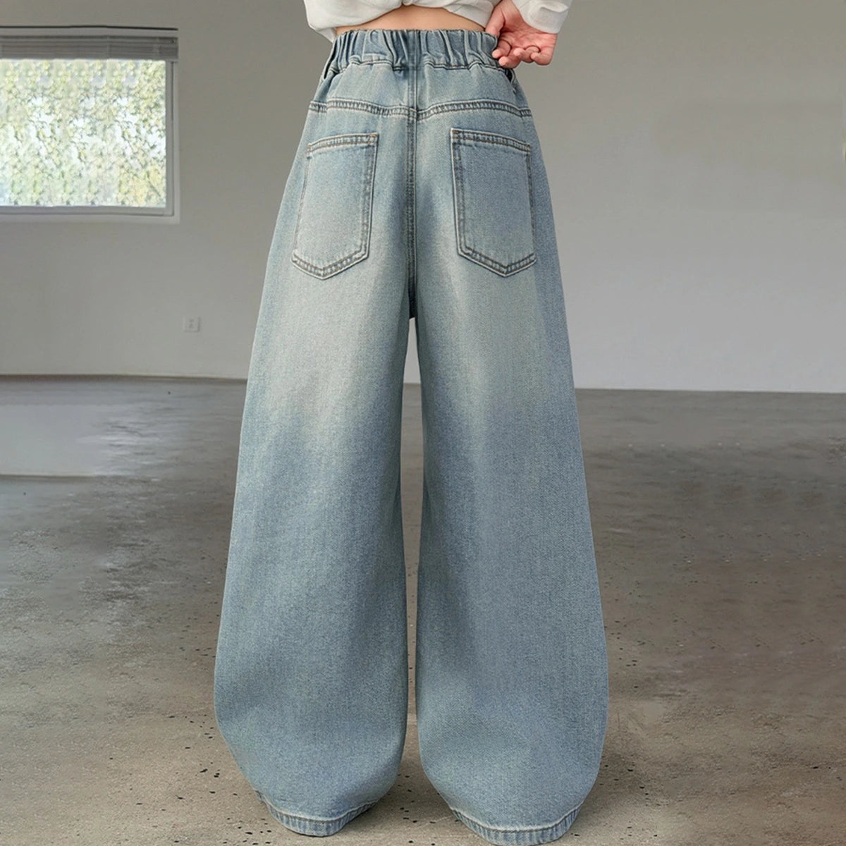Girls Light Blue Kitty Embroidered Baggy Fit Denim Jeans Pants
