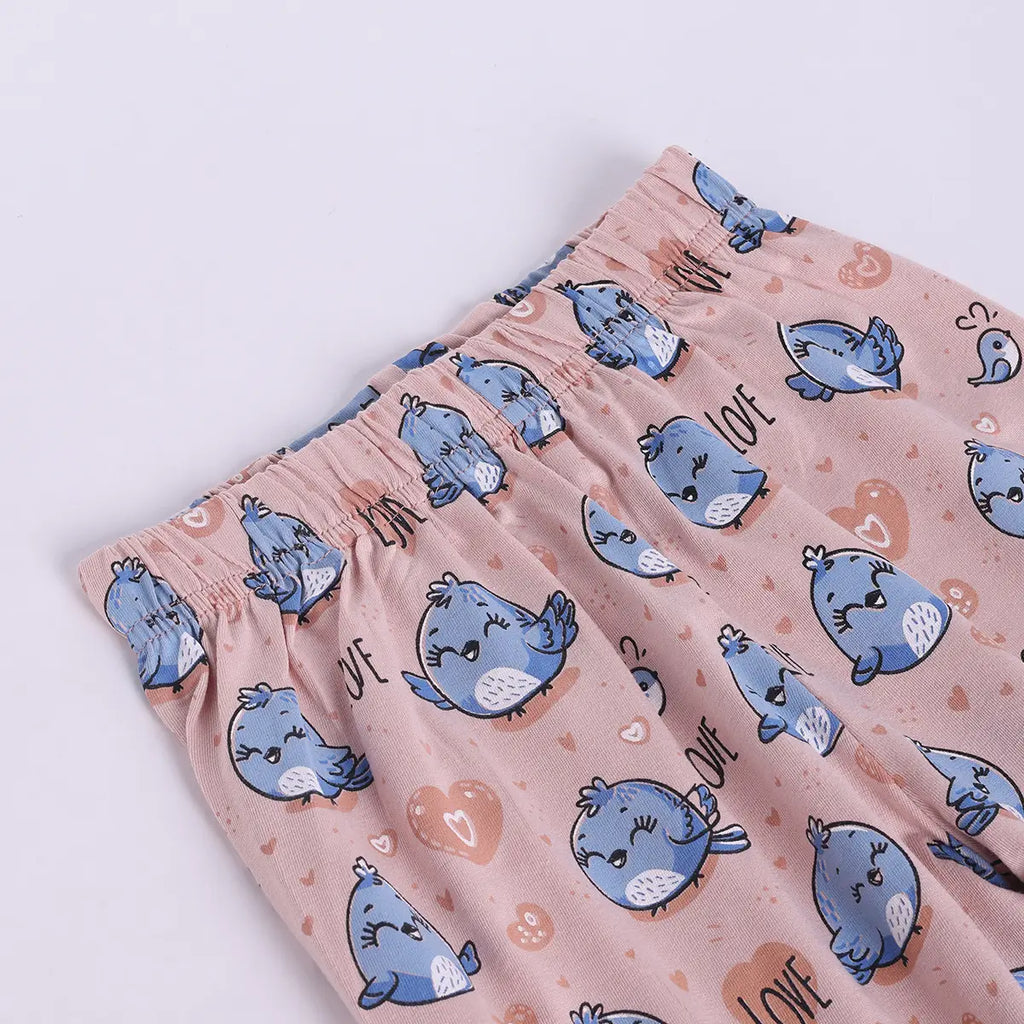 Girls Peach Bird Print Short Sleeve Shirt With Elasticated Pants Sets Sets