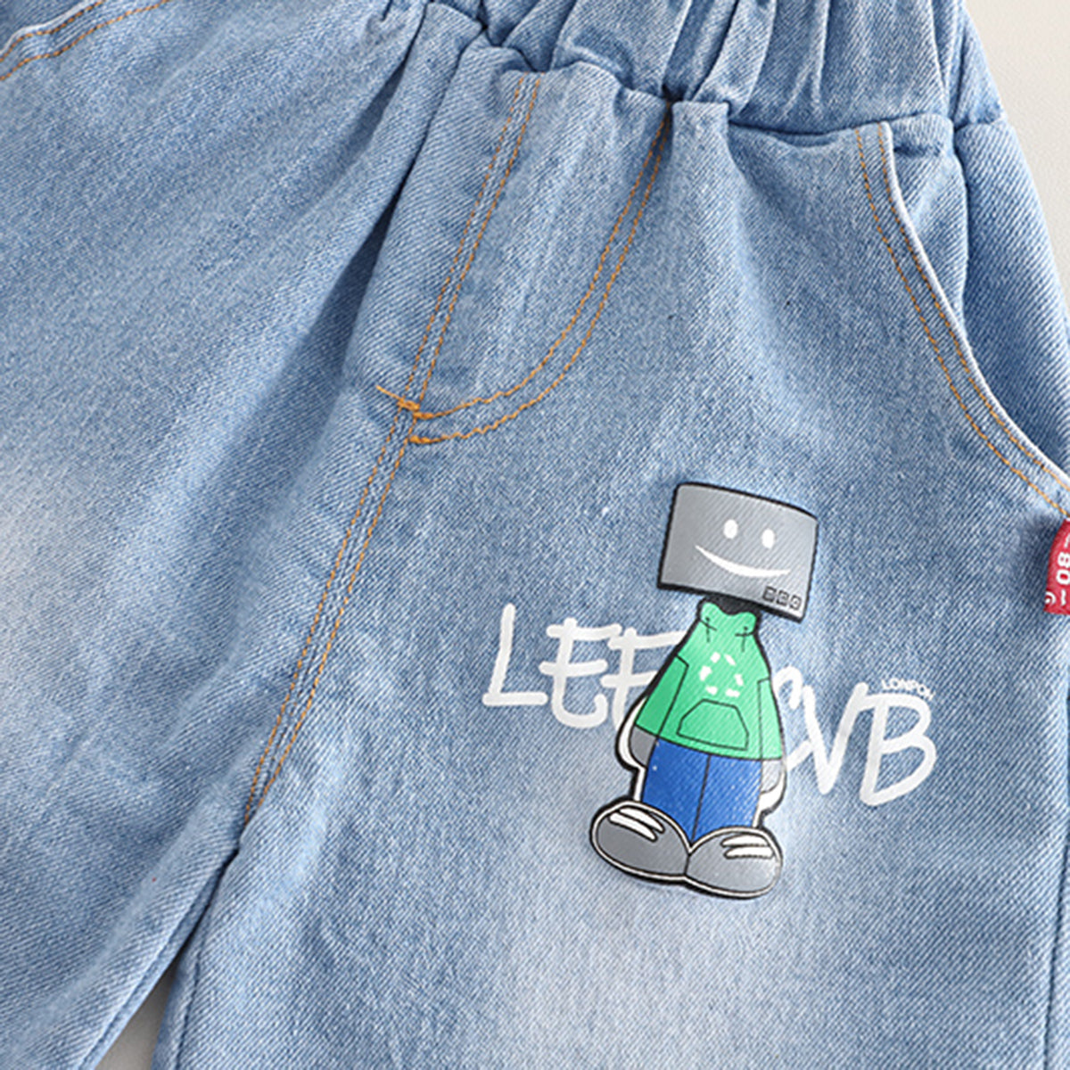 Boys Light Blue Robot Printed T-Shirt With Denim Shorts Set 2 pc. Sets