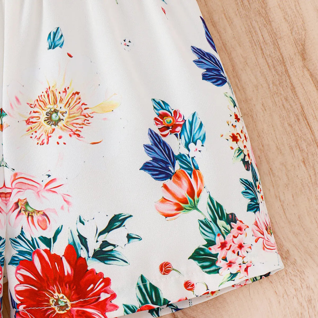 Girls White Floral Print Sleeveless Dress With Cami Top And Shorts Sets 3 pc. Sets