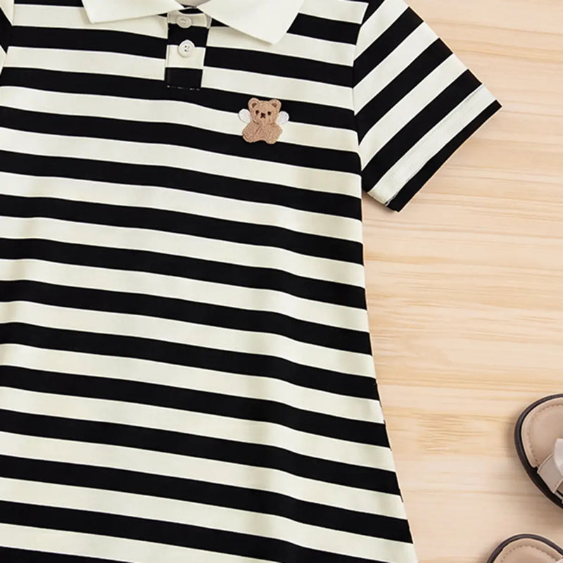 Girls Black Striped Bear Applique Puff Sleeve Polo Dress Casual Dresses