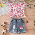Girls Pink Watermelon Printed Ruffled Top With Denim Shorts Set Sets Pink 3-4 Y