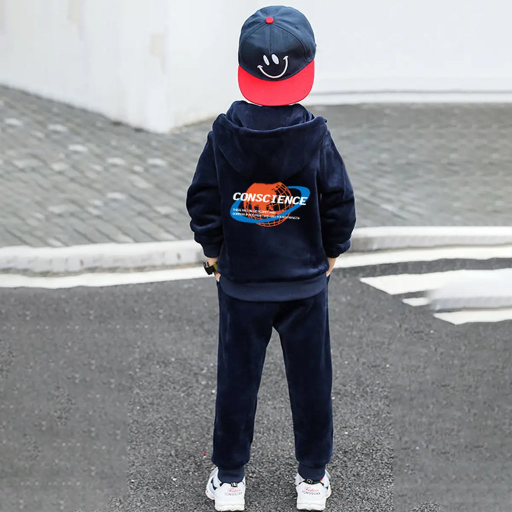 Boys Navy Blue Hooded Zipper Jacket With Jogger Co-ord Sets Sets