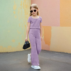 Girls Purple Textured Short Sleeve Top With Flared Pants Sets 2 pc. Sets