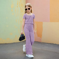 Girls Purple Textured Short Sleeve Top With Flared Pants Sets 2 pc. Sets