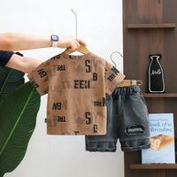 Boys Brown Typographic Print T-Shirt With Denim Shorts Set Sets