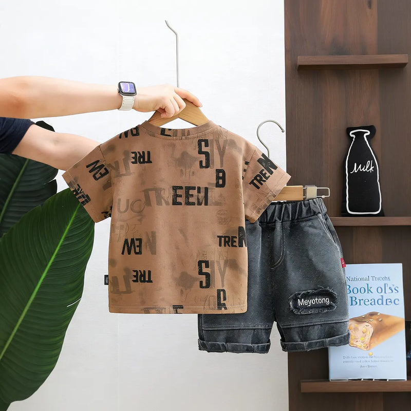 Boys Brown Typographic Print T-Shirt With Denim Shorts Set Sets