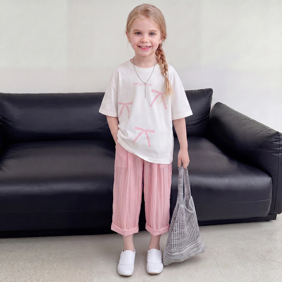 Girls Pink Short Sleeve Bow Print T-Shirt With Pants Sets 2 pc. Sets Pink 3-4 Y
