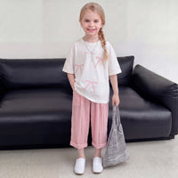 Girls Pink Short Sleeve Bow Print T-Shirt With Pants Sets 2 pc. Sets Pink 3-4 Y