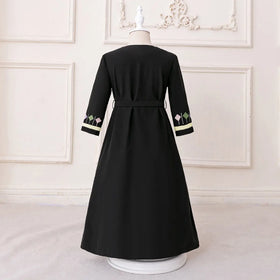 Girls Black Embroidered Fit & Flare Dress With V-neckline Casual Dresses