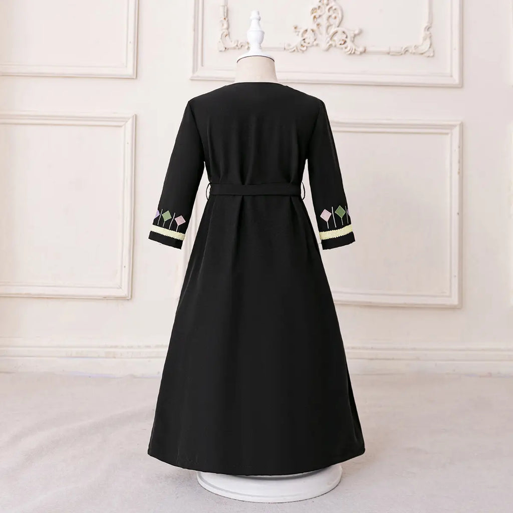 Girls Black Embroidered Fit & Flare Dress With V-neckline Casual Dresses