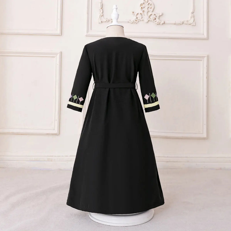 Girls Black Embroidered Fit & Flare Dress With V-neckline Casual Dresses