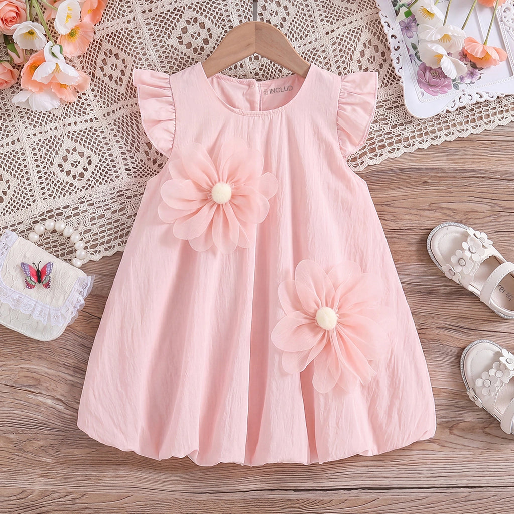 Girls Light Pink Floral Applique Flutter Sleeve Balloon Dress Casual Dresses Light Pink 1-2 Y