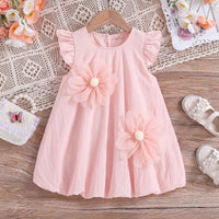 Girls Light Pink Floral Applique Flutter Sleeve Balloon Dress Casual Dresses Light Pink 1-2 Y