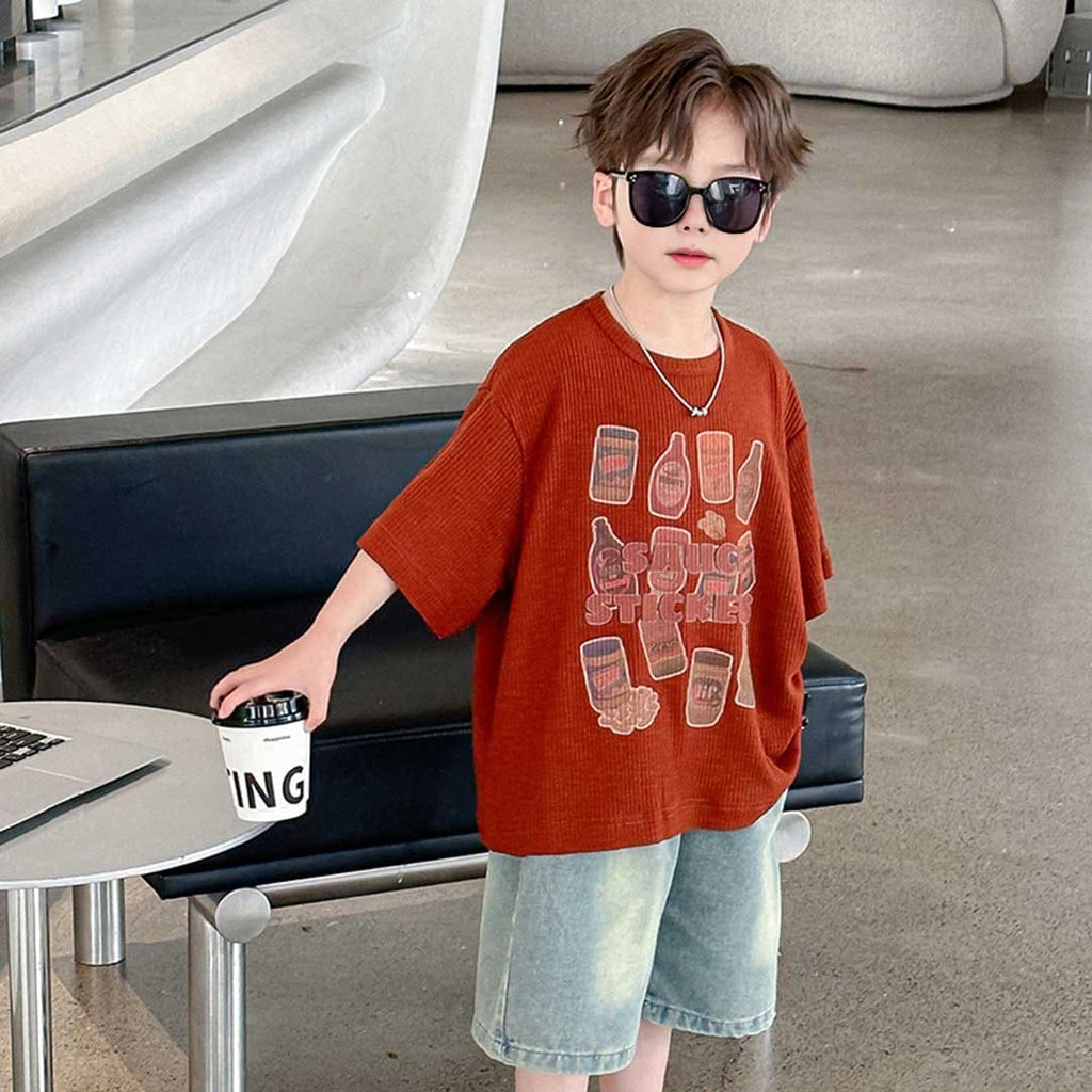 Boys Knitted T-Shirt With Denim Shorts Set