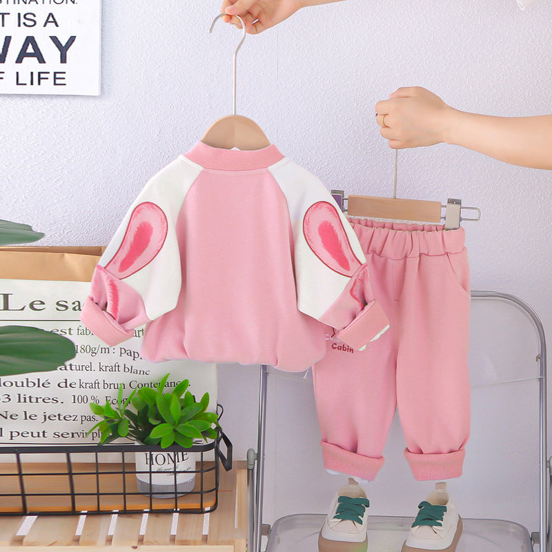 Girls Pink Rabbit Printed Long Sleeve Jacket With T-Shirt & Joggers Set Sets
