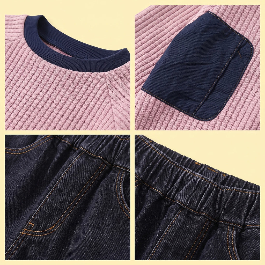 Boys Pink Textured Sweatshirt With Denim Pants Sets Sets