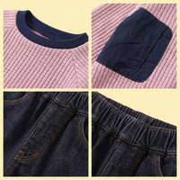 Boys Pink Textured Sweatshirt With Denim Pants Sets Sets