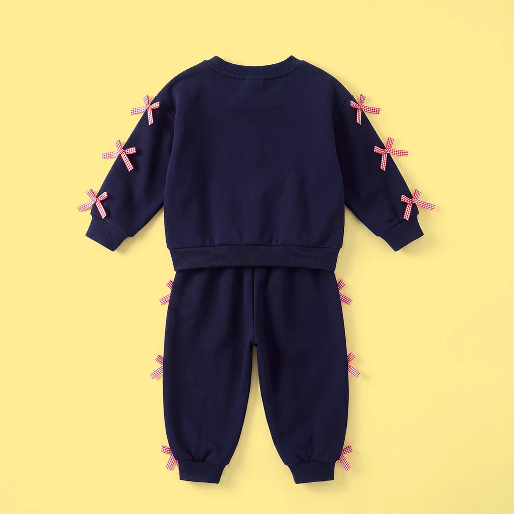 Girls Navy Blue Bow Applique Long Sleeve Sweatshirt With Pants Sets 2 pc. Sets