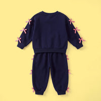 Girls Navy Blue Bow Applique Long Sleeve Sweatshirt With Pants Sets 2 pc. Sets