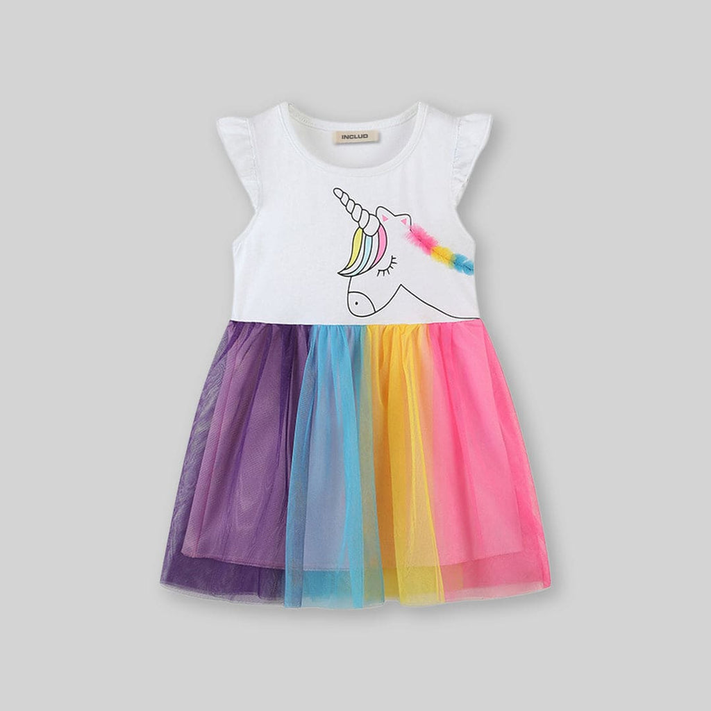 Girls Unicorn Print Fit & Flare Dress Casual Dresses White 1-2 Y 