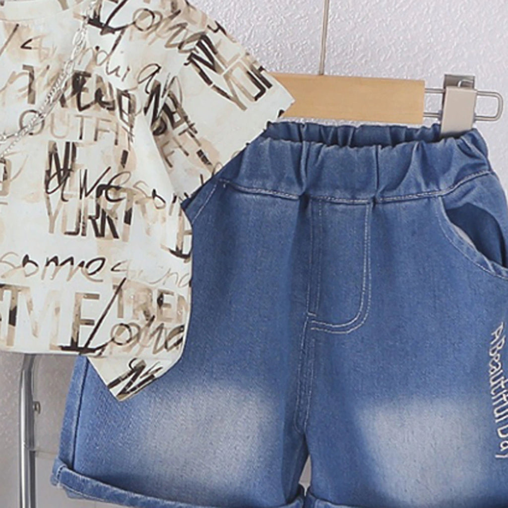 Boys Off White Typographic Print T-Shirt With Denim Shorts Set Sets