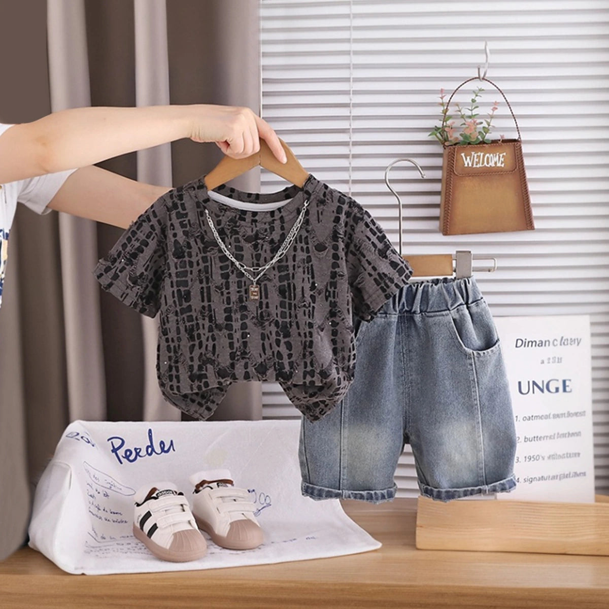 Boys Dark Grey Abstract Printed Short Sleeve T-Shirt With Denim Shorts Sets 2 pc. Sets Dark Grey 1-2 Y