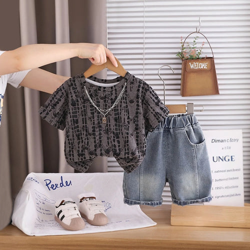 Boys Dark Grey Abstract Printed Short Sleeve T-Shirt With Denim Shorts Sets 2 pc. Sets Dark Grey 1-2 Y