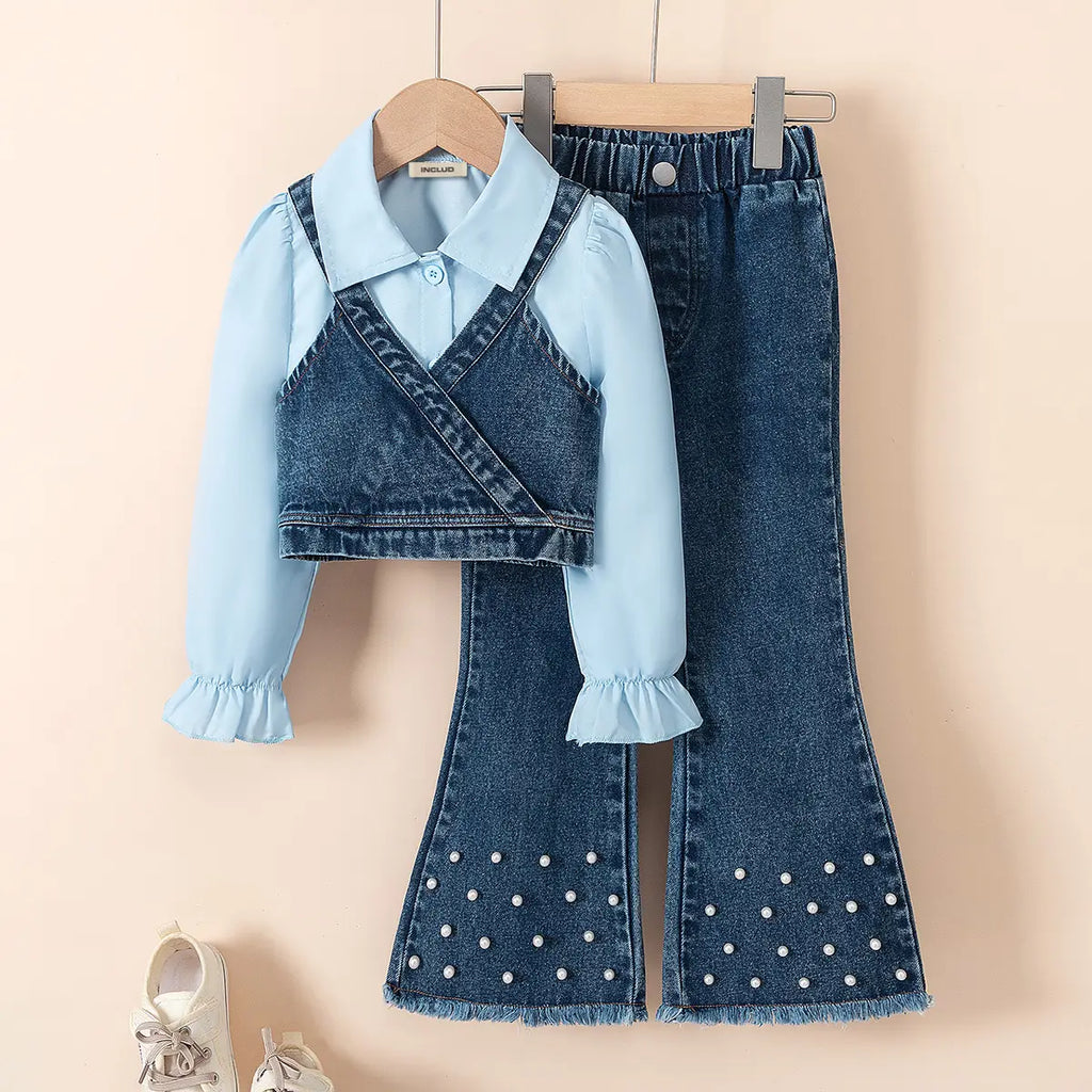 Girls Light Blue Collared Crop Top With Denim Sleeveless Vest & Flared Pants Set Sets Light Blue 3-4 Y