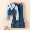 Girls Light Blue Collared Crop Top With Denim Sleeveless Vest & Flared Pants Set Sets Light Blue 3-4 Y