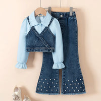 Girls Light Blue Collared Crop Top With Denim Sleeveless Vest & Flared Pants Set Sets Light Blue 3-4 Y