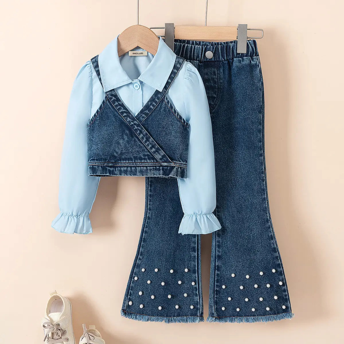Girls Light Blue Collared Crop Top With Denim Sleeveless Vest & Flared Pants Set Sets Light Blue 3-4 Y