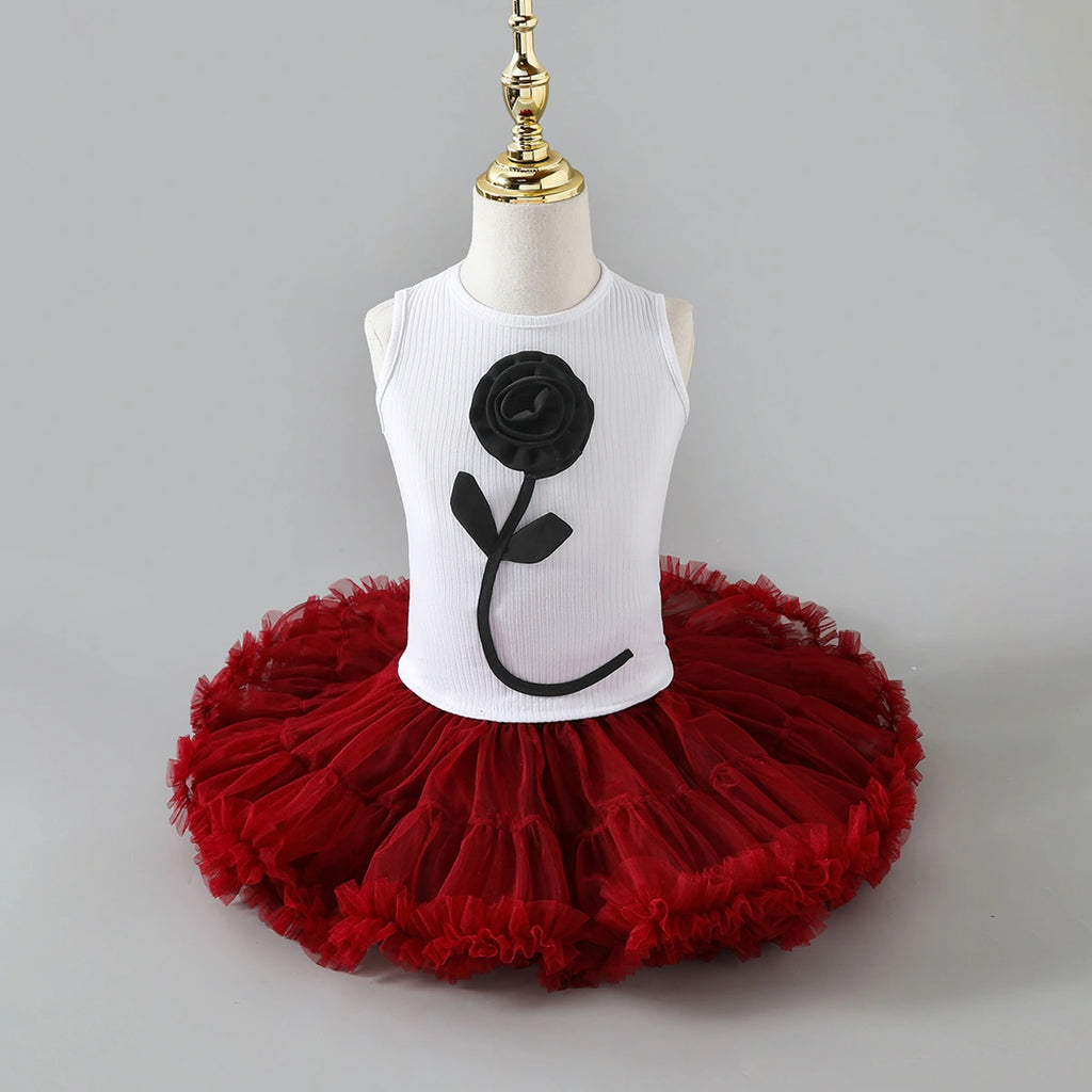 Girls Flower Applique Top With Maroon Tiered Tulle Skirts Set Sets Maroon 3-4 Y