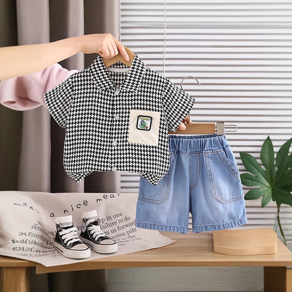 Boys Black Checked Button-Down Shirt With Denim Shorts Set Sets Black 1-2 Y