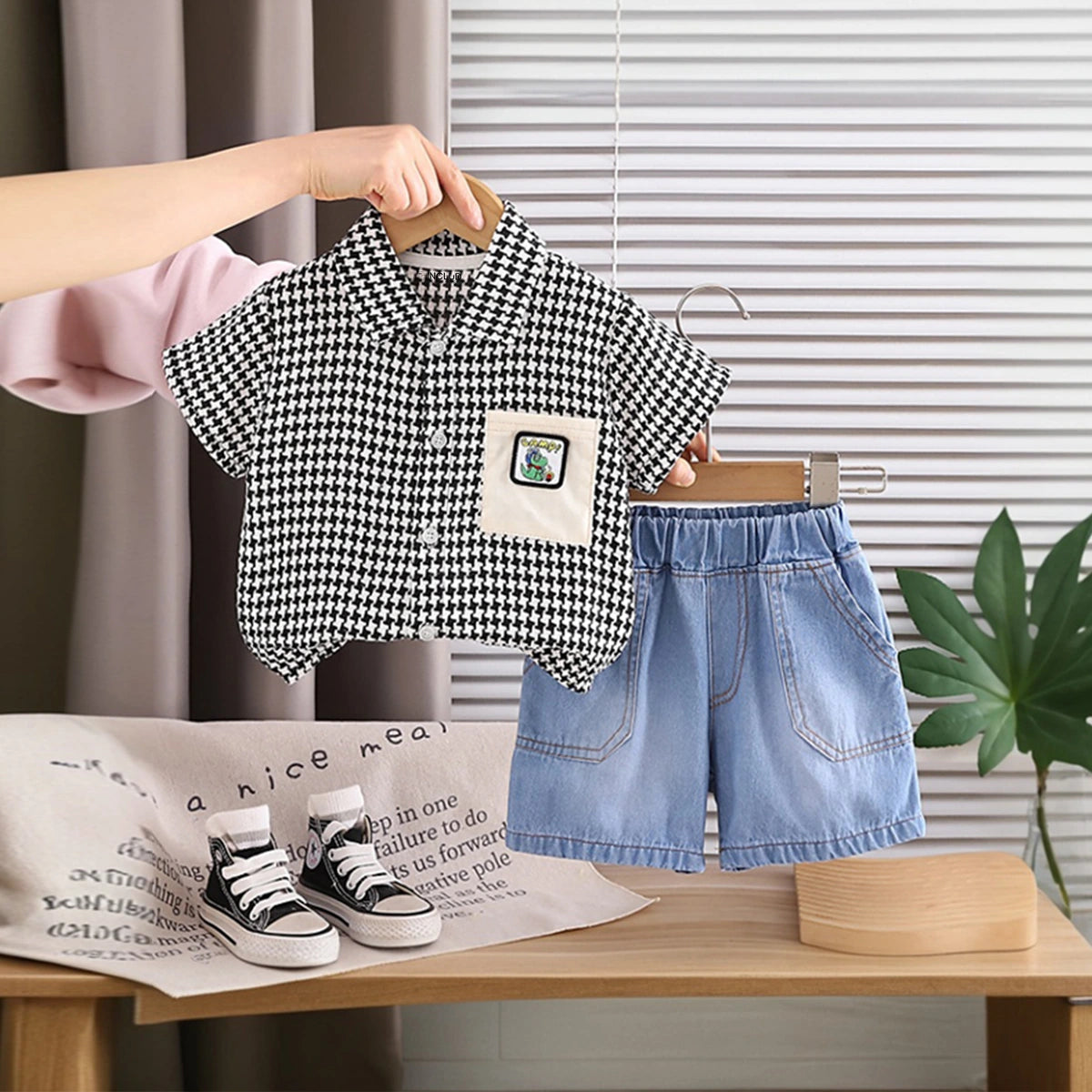 Boys Black Checked Button-Down Shirt With Denim Shorts Set Sets Black 1-2 Y