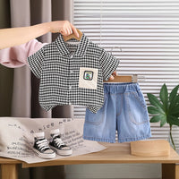 Boys Black Checked Button-Down Shirt With Denim Shorts Set Sets Black 1-2 Y