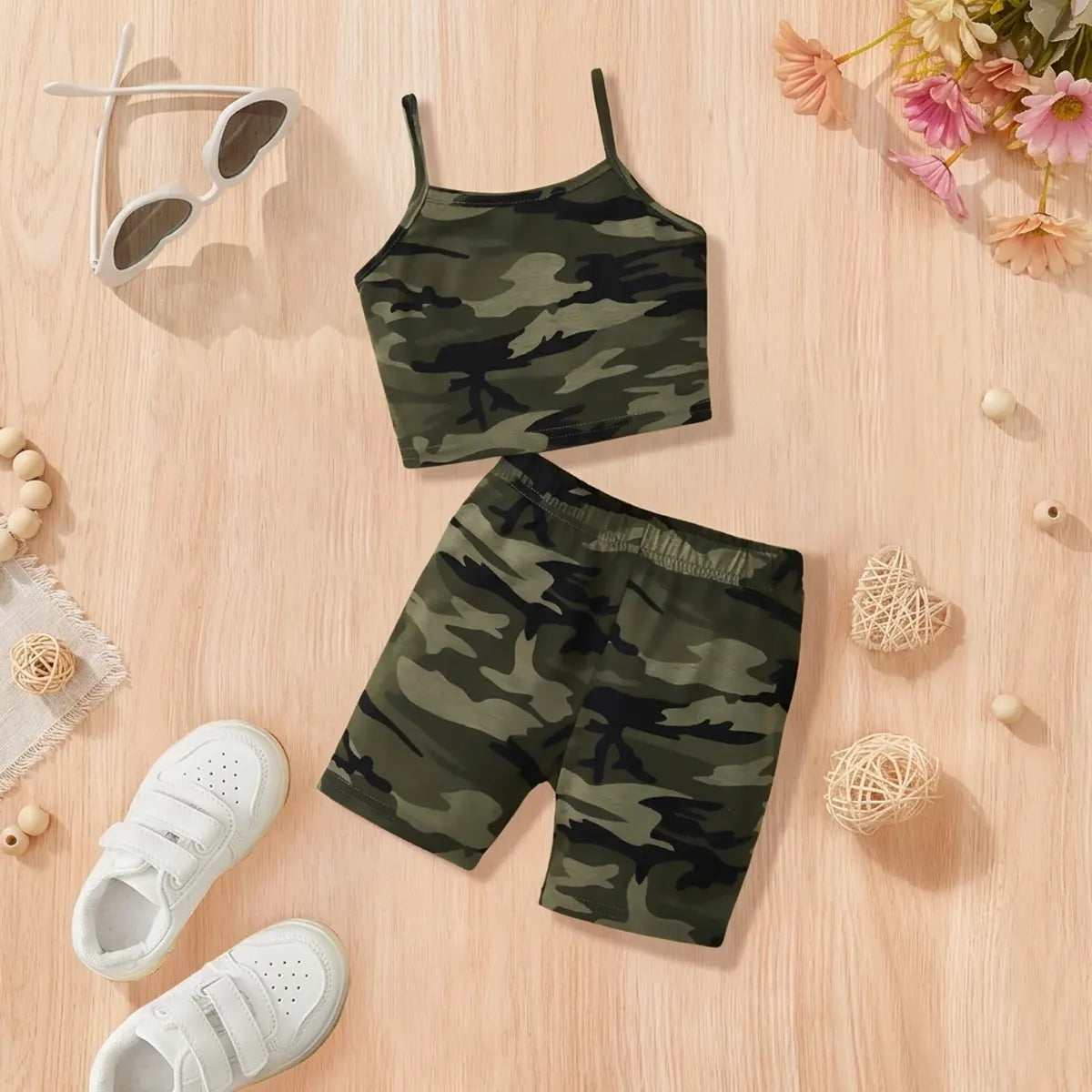 Girls Army Green Camouflage Printed Crop Top With Shorts Sets 2 pc. Sets Army Green 2-3 Y