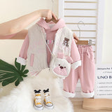 Girls Pink Embroidered Regular Sweatshirt With Sleeveless Jackets, Pants & Bag Sets