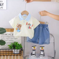 Boys Off White Bear Printed Polo T-Shirt With Denim Shorts Set Sets Off White 1-2 Y
