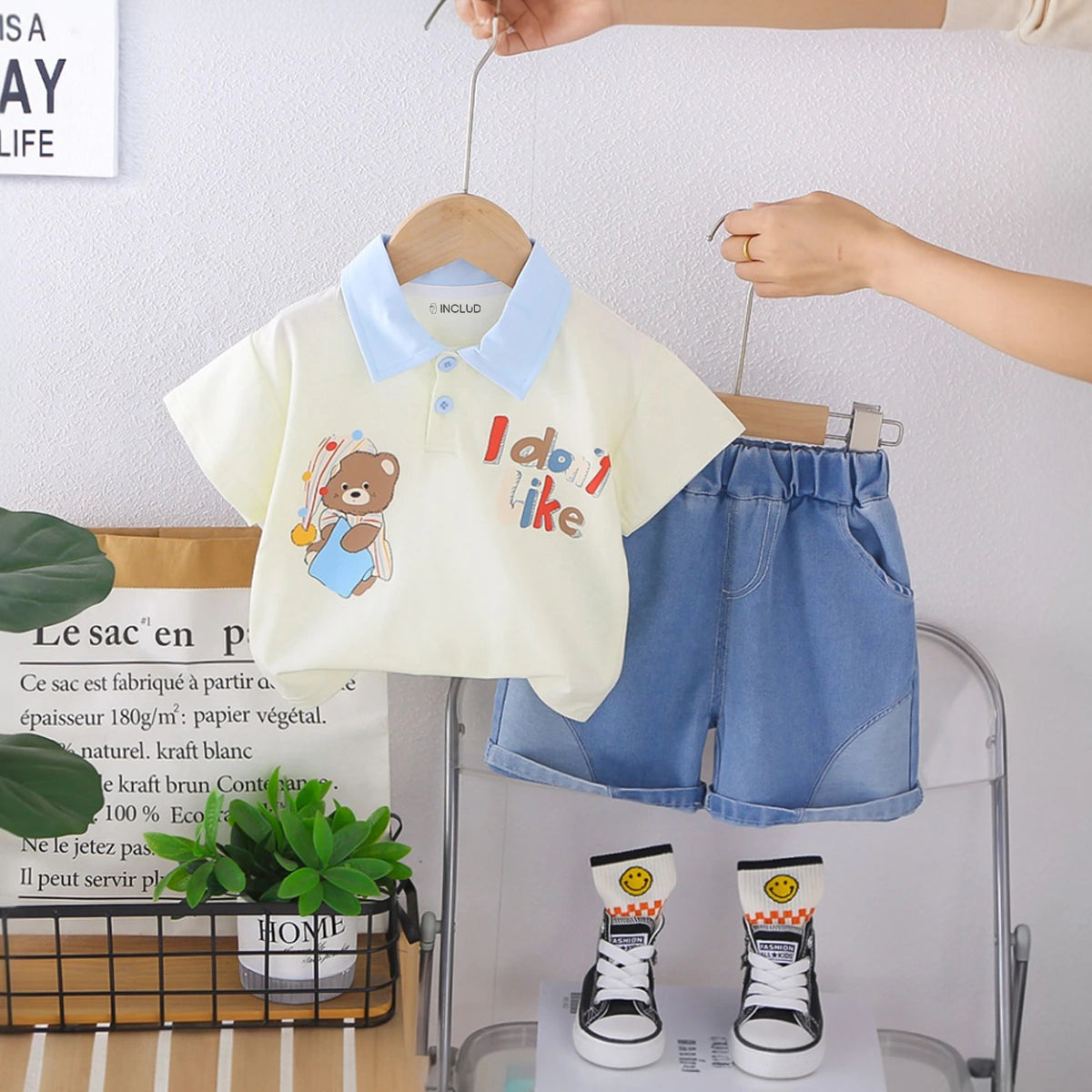 Boys Off White Bear Printed Polo T-Shirt With Denim Shorts Set Sets Off White 1-2 Y