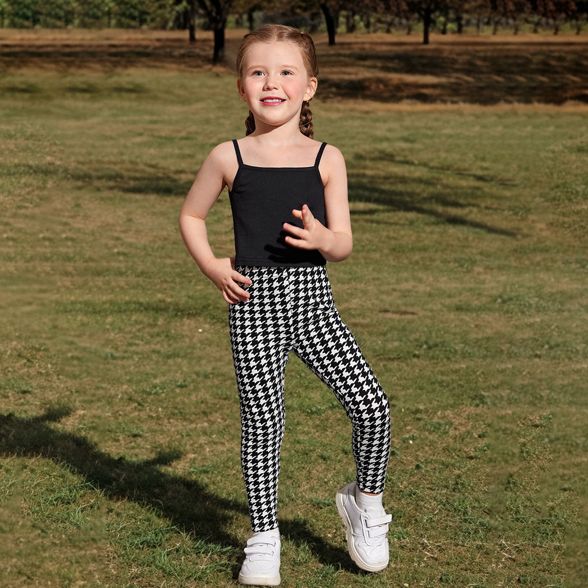 Girls Black Houndstooth Print Long Cardigan with Leggings & Spaghetti Top Set Sets