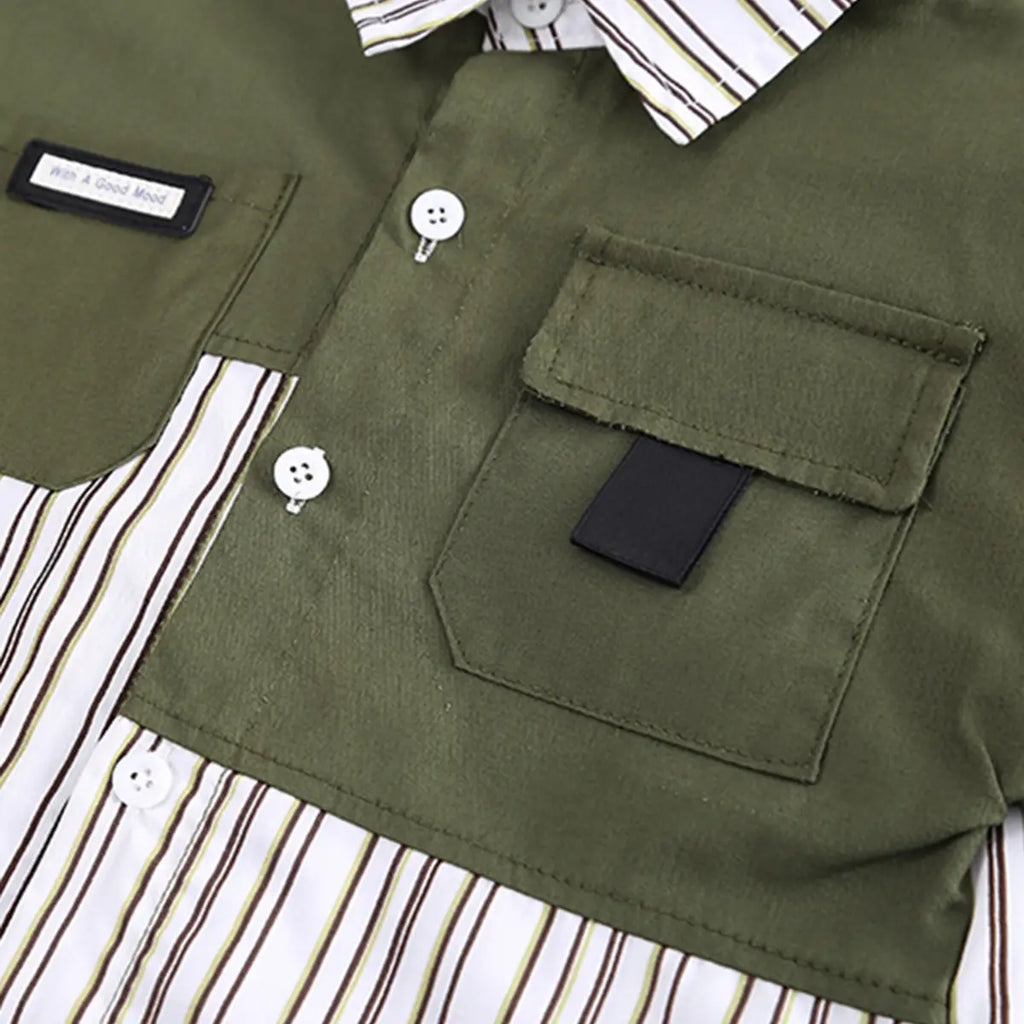 Boys Green Stripes Shirt With Denim Jogger Sets Sets
