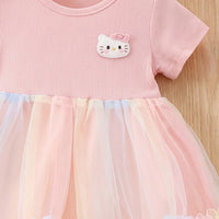 Girls Pink Kitty Applique Short Sleeve Ruffled Hem Fit & Flare Dress Casual Dresses