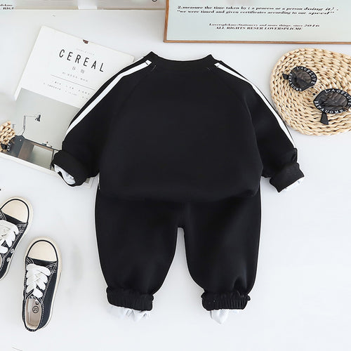 Boys Black Long-Sleeve Crewneck Sweatshirt & Elasticated Pants Sets With White Stripe 2 pc. Sets