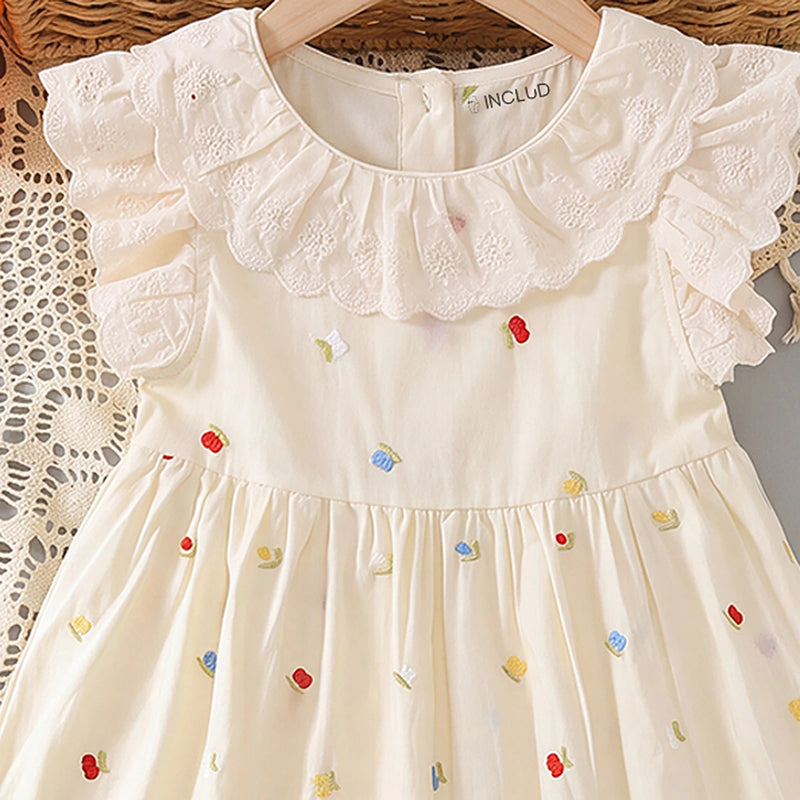 Girls Off White Floral Embroidered Flutter Sleeve A-line Dress Casual Dresses